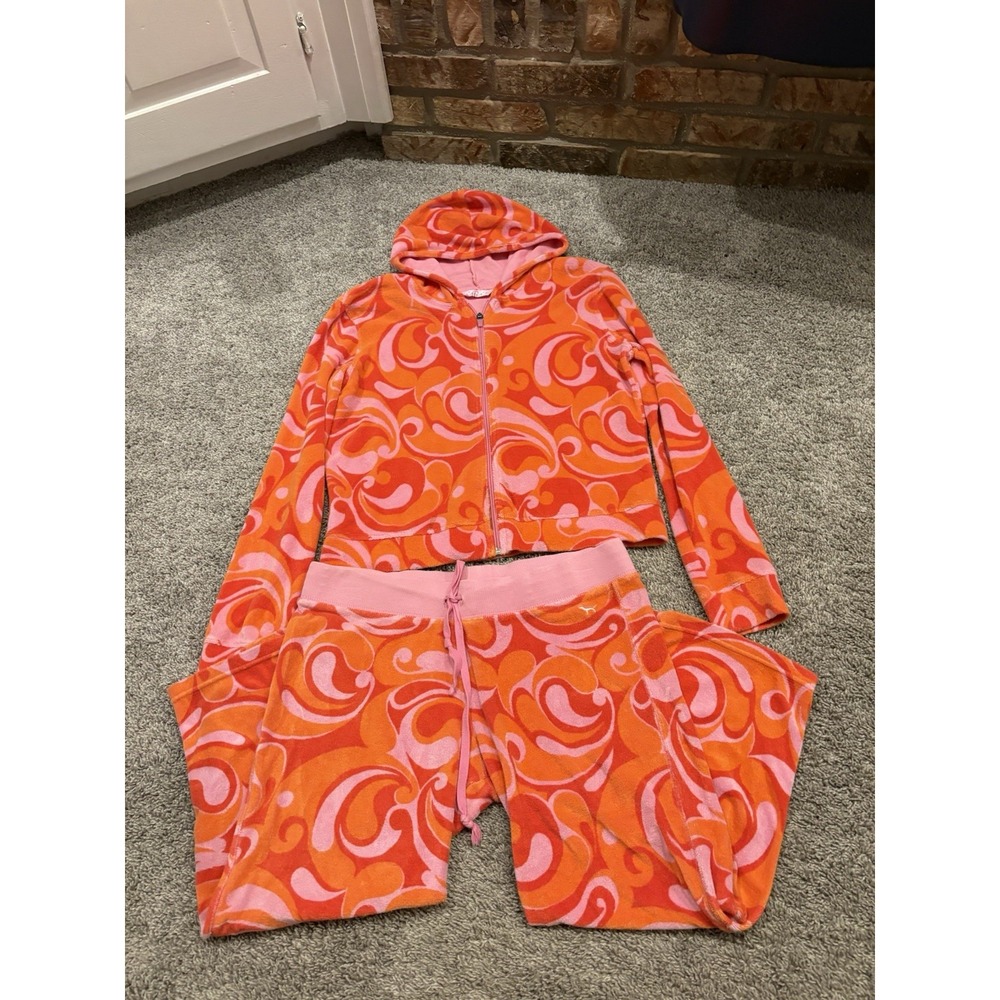 Victoria's Secret Pink Women's Medium Hoodie Pants Y2K Terry Towelling Swirl Set